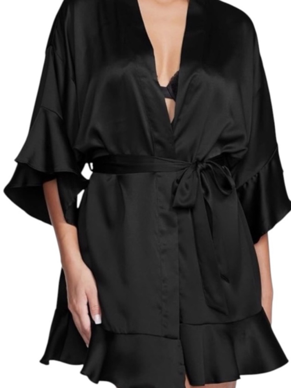 Victoria's Secret Black Satin Short Robe with Ruffle Trim